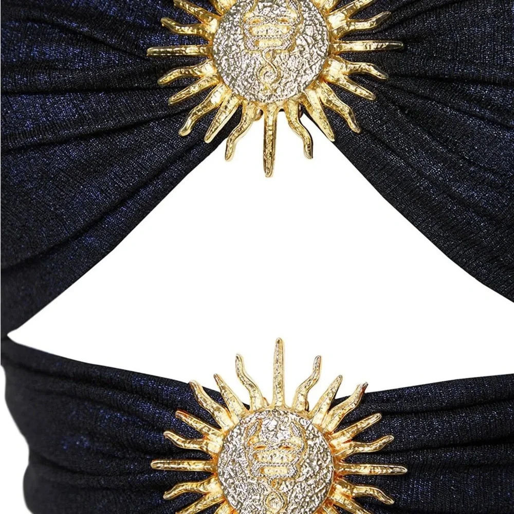 Long Navy Gown w/ Gold Sun Accents, size XXS/XS - Picture 6 of 7